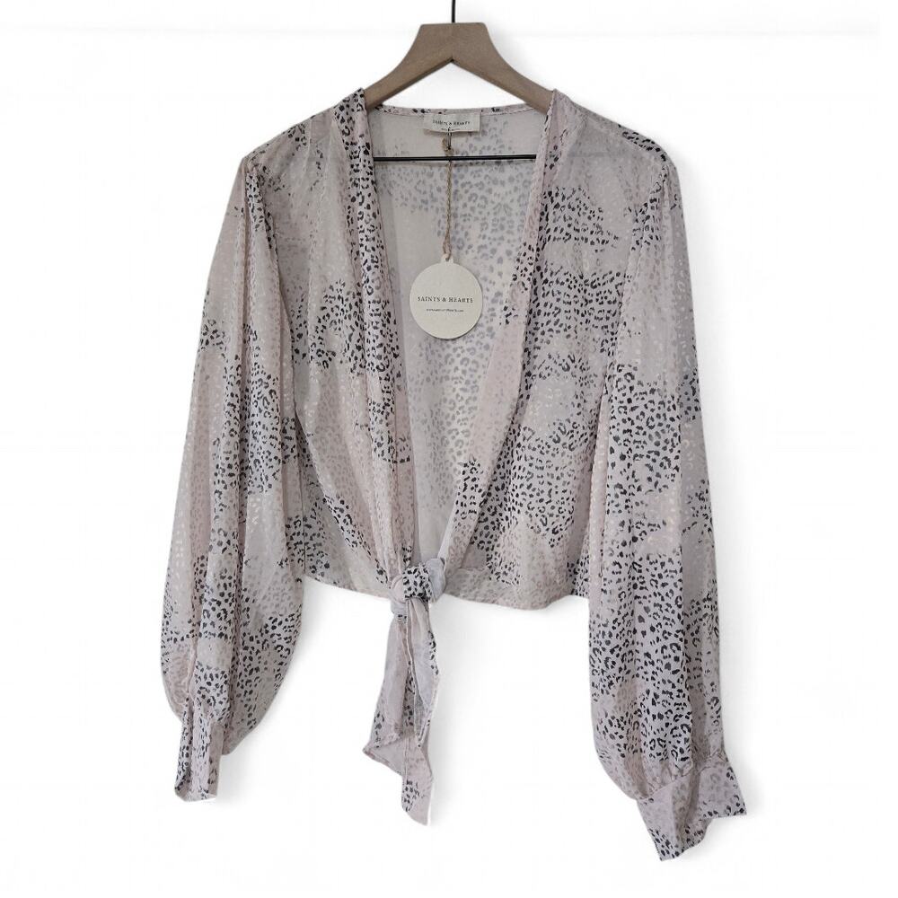 Saints & Hearts Sheer Leopard Print Tie Front Blouse Top Size 2XL